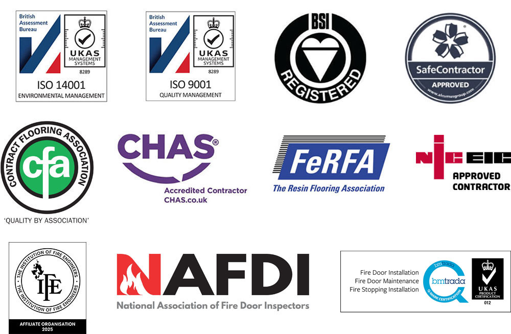 ISO 14001, ISO 9001, BSI Registered, SafeContractor Approved, CFA, CHAS Accredited Contractor, FeRFA, NICEIC Approved Contractor, IFE - Institute of Fire Engineers Affiliate Organisation 2025, NAFDI, BM TRADA Q-Mark Certification